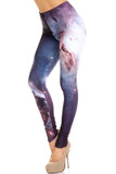 45 degree view of Creamy Soft Black Galaxy Extra Plus Size Leggings - 3X-5X - USA Fashion™ featuring a black space sky with burgundy accents.