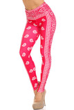 45 degree view of Creamy Soft Red Bandana Extra Plus Size Leggings - 3X-5X - USA Fashion™  featuring a red and white paisley design.