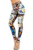 45 degree view of Creamy Soft Stained Glass Cathedral Leggings - USA Fashion™ with an all over colorful and eye-catching stained glass inspired design.