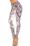 45 degree view of Creamy Soft Creamy Tribal Mandala Plus Size Leggings - USA Fashion™ with a stunning neutral toned beige and black mandala design.