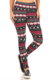 Front view of Soft Fleece Beautiful Burgundy Reindeer and Snowflake Leggings with a fair isle style snowflake and reindeer design.