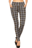 Front view of Mustard Accent Plaid High Waisted Treggings with Zipper Pockets with an all over black, white, and yellow design.