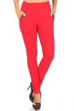 From image of Red High Waisted Treggings with Zipper Accent Pockets with a solid colored vibrant look