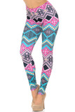 45 degree view of Creamy Soft Tasty Tribal Leggings - USA Fashion™ featuring a vibrant teal and pink tribal design.
