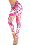 45 degree view of Creamy Soft Crimson Aquamarine Mandala Extra Plus Size Leggings - 3X-5X - USA Fashion™ with a gorgeous colorful design in a bright pink, orange, and pale blue color scheme.