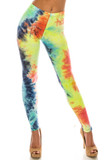 Front view of Buttery Smooth Summer Yellow Tie Dye Plus Size Leggings with a vibrant rainbow tie dye design.