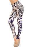 Left side right knee bent view of Creamy Soft Valhalla Plus Size Leggings - USA Fashion™ with an amazing bold navy and black on white design inspired by ancient art.