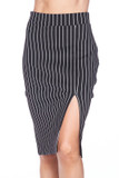 Front side image of Silky Soft Scuba Black and White Pinstripe Plus Size Pencil Skirt with Front Slit with a split hem over the left leg