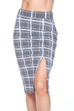 Front side image of Silky Soft Scuba Baby Blue Glen Plaid Plus Size Pencil Skirt with Front Slit with Front Slit featuring a split hem at the left leg