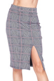 Front side image of Silky Soft Scuba Coral Glen Plaid Plus Size Pencil Skirt with Front Slit featuring a split hem at the left leg