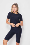 Frnt side of Navy Buttery Soft Basic Solid Biker Shorts and T-Shirt Set