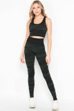 Front of 2 Piece Seamless Olive Camouflage Bra Top and Leggings Sport Set made from a super comfortable activewear fabric