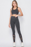 Front side image of Premium 2 Piece Charcoal Bra Top and Leggings Sport Set with fishnet style detailing on the lower legs