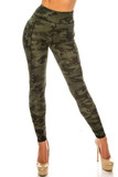 Front side image of Dark Olive Camouflage Contour Seam High Waisted Sport Leggings with Pockets with an all over deep green army print fabric design