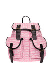 Front of Hotline Bling Graphic Print Buckle Flap Backpack with a pink and white text-based design