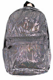 Front of Shiny Silver Rainbow Glitter Metallic Backpack with a small front zip compartment and a large zipper compartment