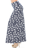 Left side of Buttery Smooth Rustic Hearts Plus Size Maxi Skirt with a deep blue and white background with white hearts.