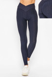 Front side image of Navy Scrunch Butt Textured V-Waist High Waisted Leggings with close-up of rear.