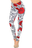 Front view image of Creamy Soft Red Stencil Roses Leggings - USA Fashion™  featuring a stylish predominantly black and white cartoon style floral print with colored in pops of red.