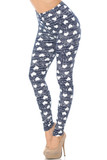 Left side view of Buttery Smooth Rustic Hearts Leggings, featuring a repeat pattern of ivory hearts on a navy background that is given visual texture with scratchy ivory horizontal lines.
