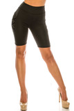 Front side image of Solid Black Crisscross Detail High Waist Sport Biker Shorts with Side Pocket with a trendy mid-thigh length