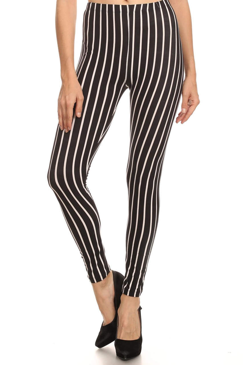 Leggings Black White Vertical Stripes Striped Stretch Adult Women's XS-XL  New 