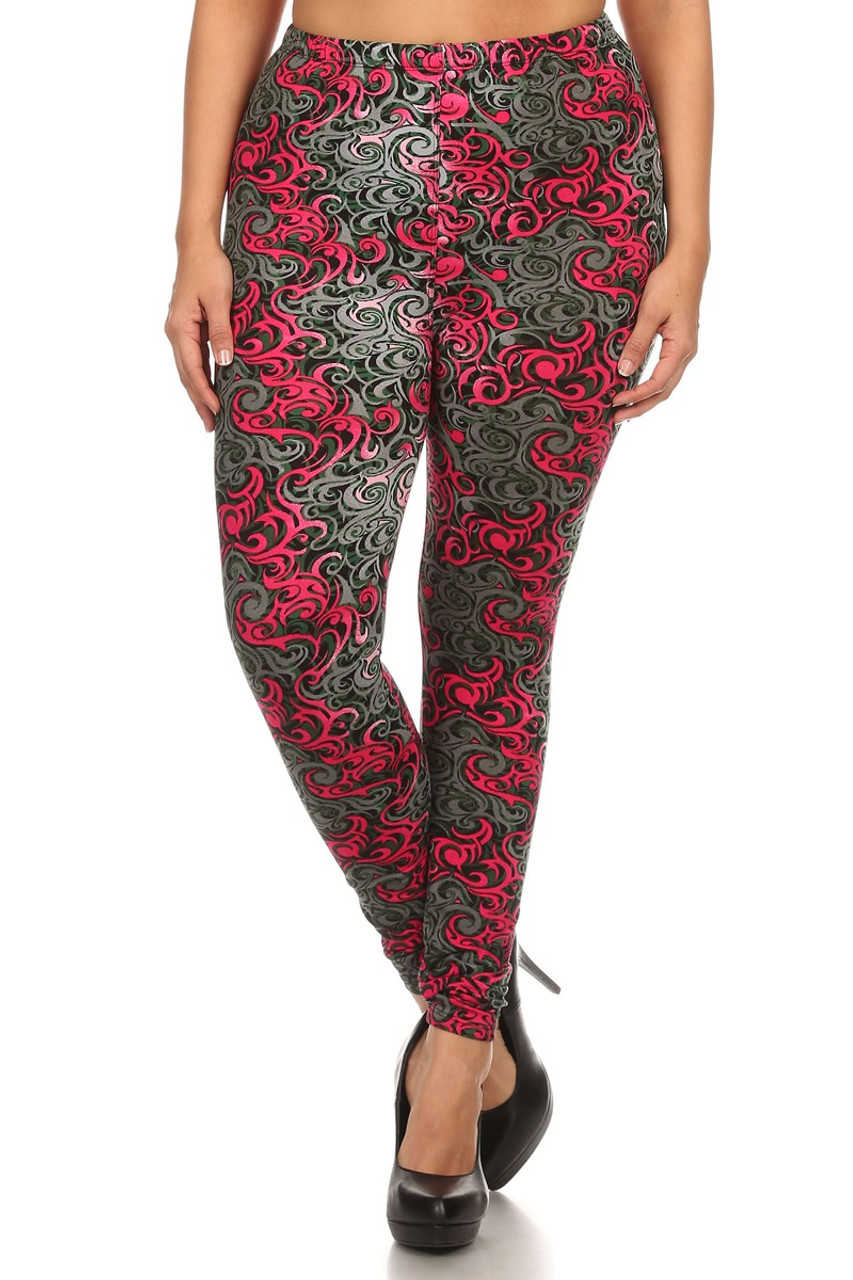 Front image of Buttery Soft Plus Size Fuchsia Tangled Swirl Leggings