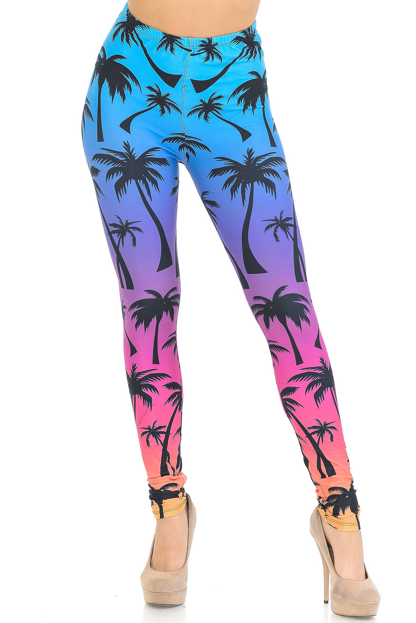 Front view of Creamy Soft Ombre Palm Tree Extra Small Leggings - USA Fashion™ with a full length skinny leg cut and a mid rise elastic waist.