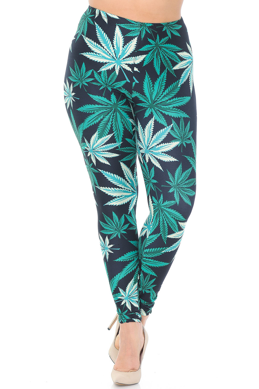 Our Creamy Soft Black Weed Plus Size Leggings - USA Fashion™ feature a comfortable stretchy elastic waistband that comes up to about mid rise.