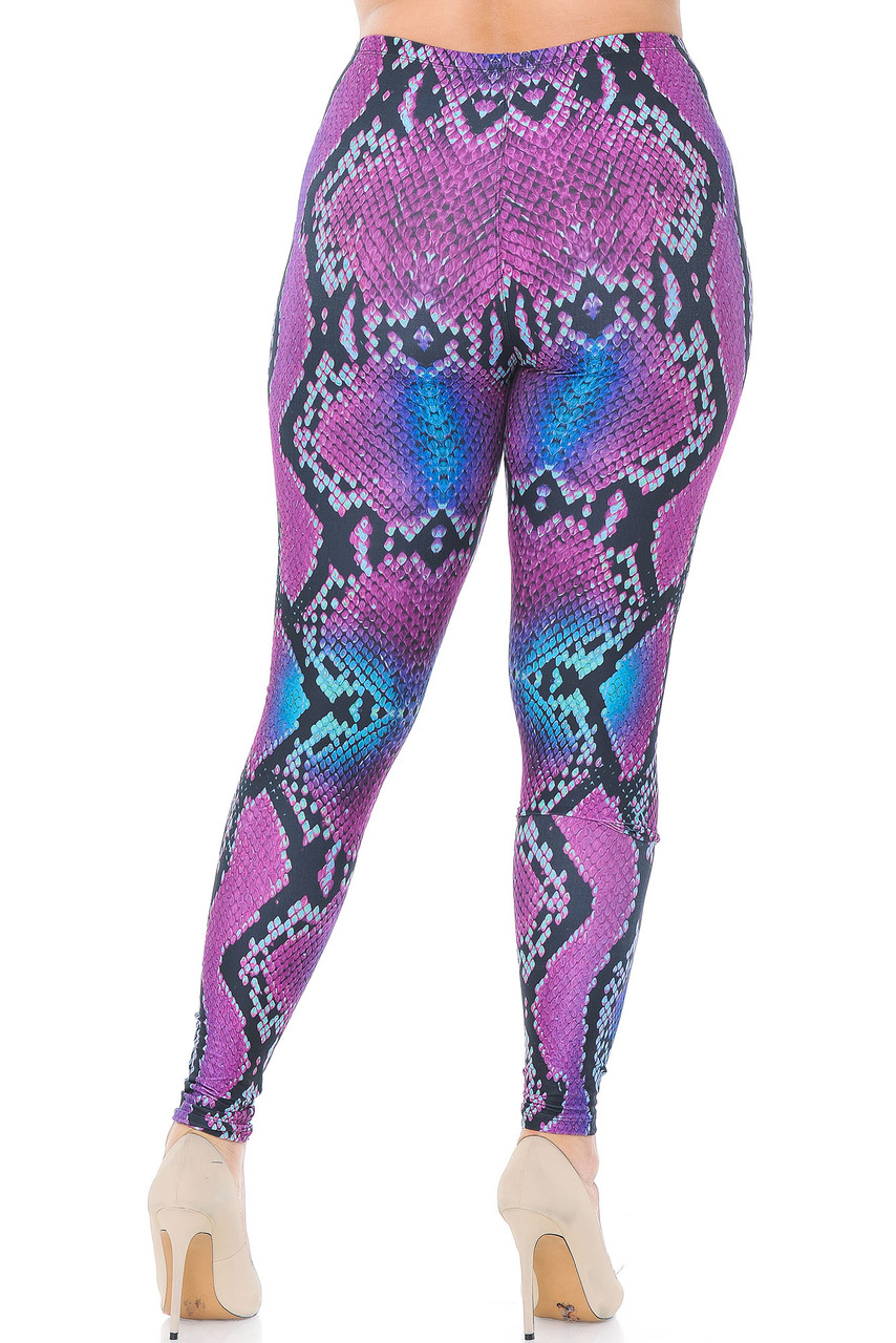 Back view of our sassy and eye-catching Creamy Soft Pink and Blue Snakeskin Extra Plus Size Leggings - 3X-5X - USA Fashion™