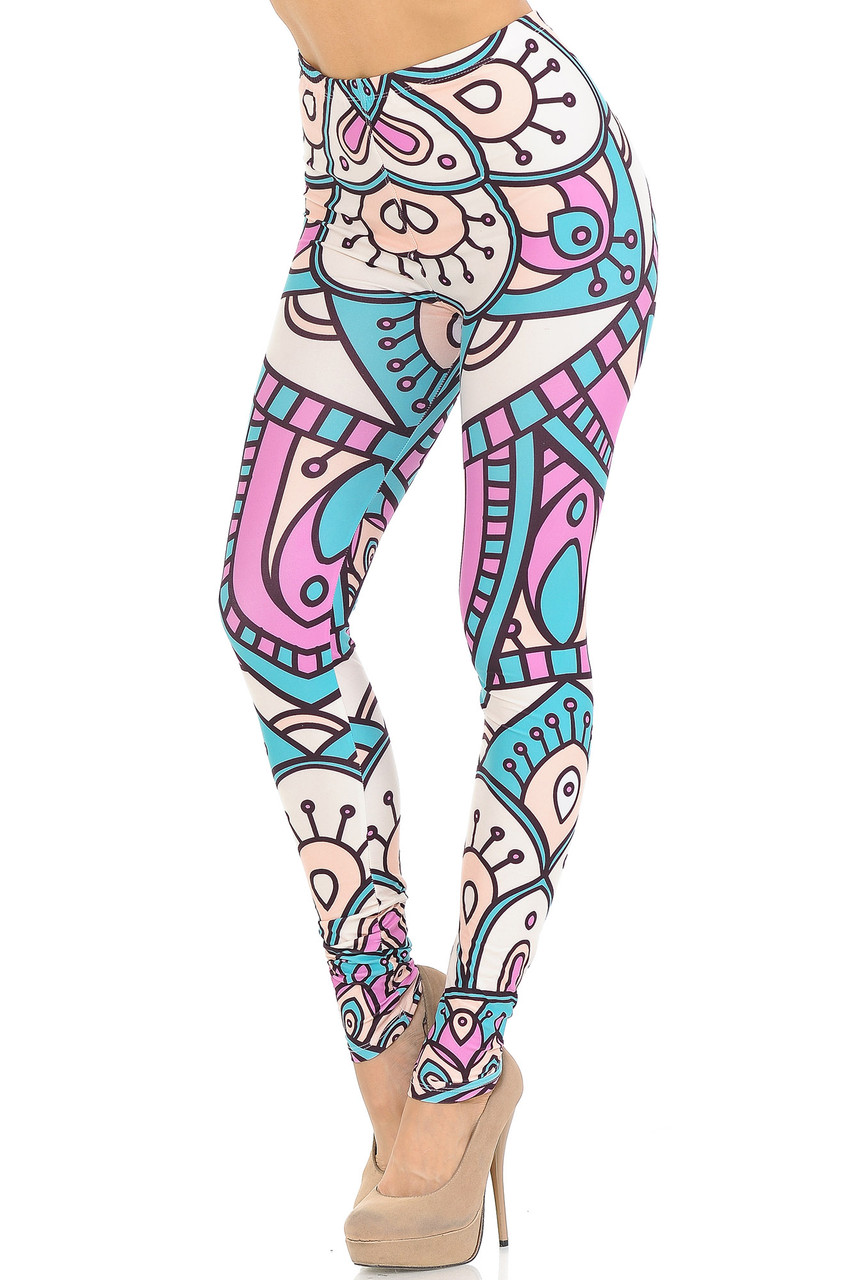 Front view of our super bold and eye-catching Creamy Soft Cute Mandala Leggings  - USA Fashion™ with a  decorative pastel design outlined in thick black lines that make it pop.