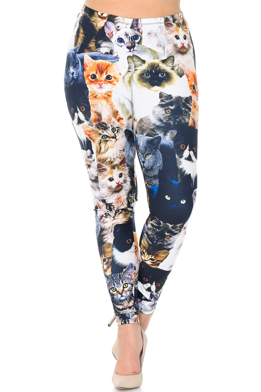 Front view of our Creamy Soft Cat Collage Extra Plus Size Leggings - 3X-5X - USA Fashion™ with an elasticized waist that comes to about mid rise.