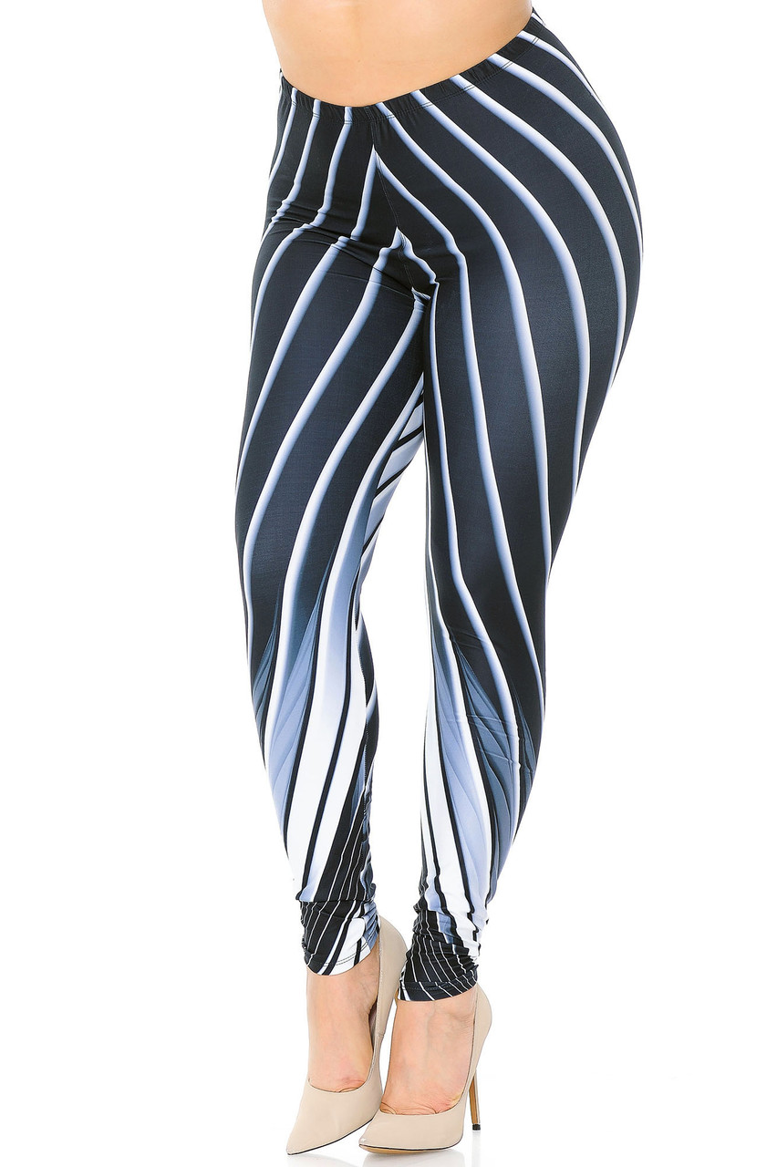 Front view of Creamy Soft Contour Body Lines Plus Size Leggings - USA Fashion™ with a vertical striped design that wraps around the body in a flattering and contouring way.