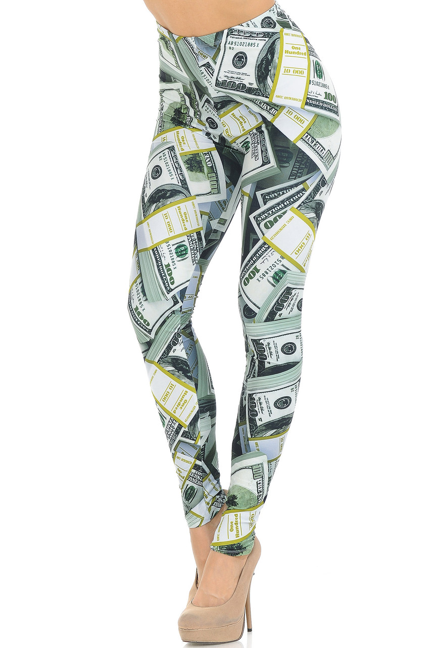 Left side right knee bent view of our Creamy Soft Cash Money Extra Small Leggings - USA Fashion™ with a vivid all over print that features stack of one hundred dollar bills.