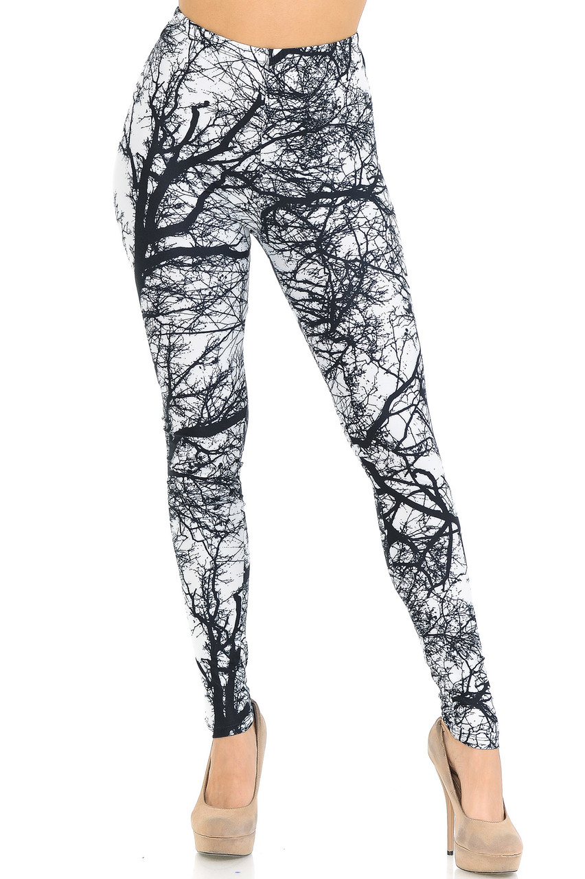 Front view image of our Creamy Soft Photo Negative Tree Leggings - USA Fashion™ that offer a flattering skinny leg, body hugging fit, and a print that will bring any outfit to life.