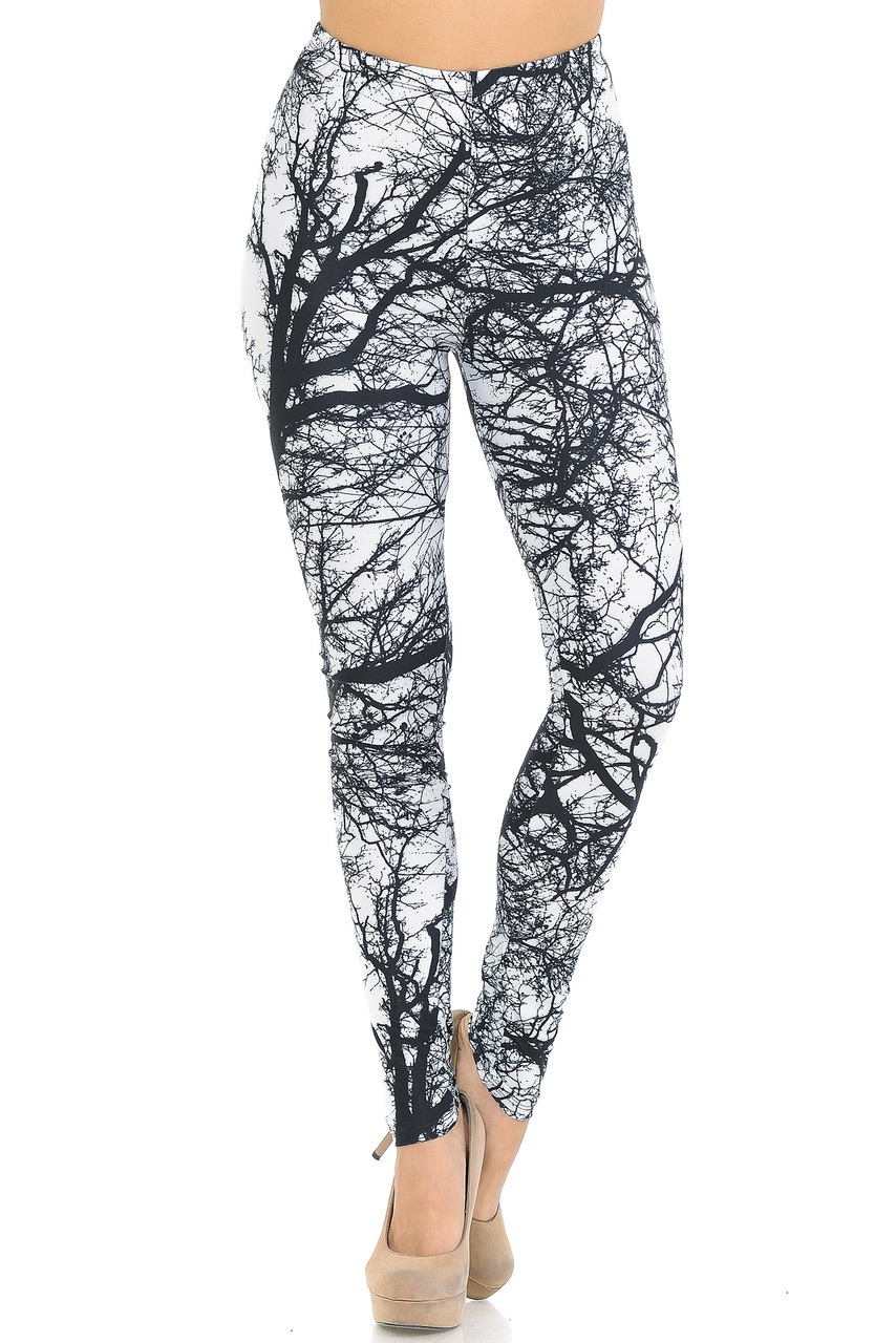 Front crossed foot image of Creamy Soft Photo Negative Tree Leggings - USA Fashion™