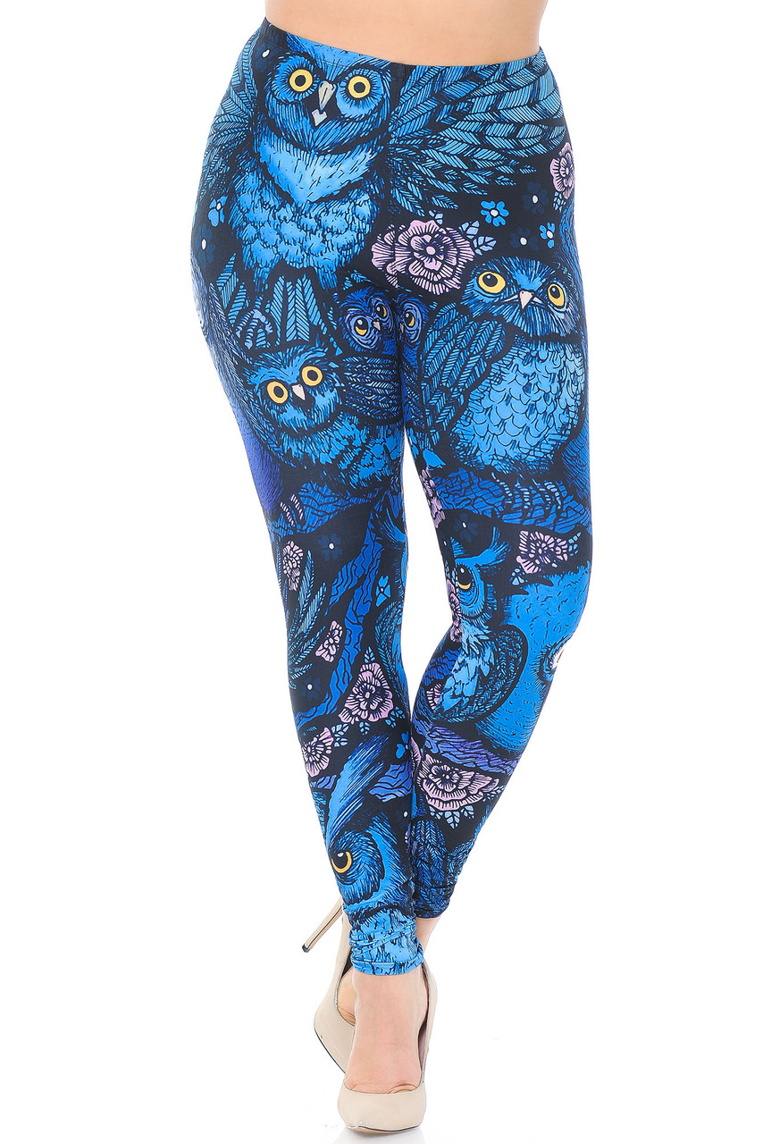 Front crossed foot image of Creamy Soft Blue Owl Collage Extra Plus Size Leggings - 3X-5X - USA Fashion™