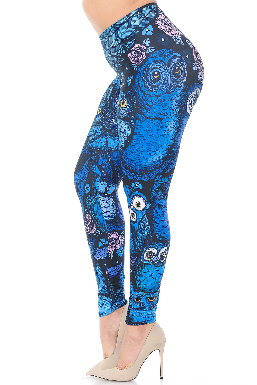 Left side view image of Creamy Soft Blue Owl Collage Extra Plus Size Leggings - 3X-5X - USA Fashion™