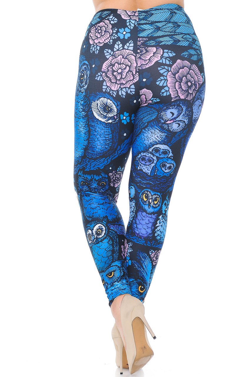 Back view image of Creamy Soft Blue Owl Collage Extra Plus Size Leggings - 3X-5X - USA Fashion™