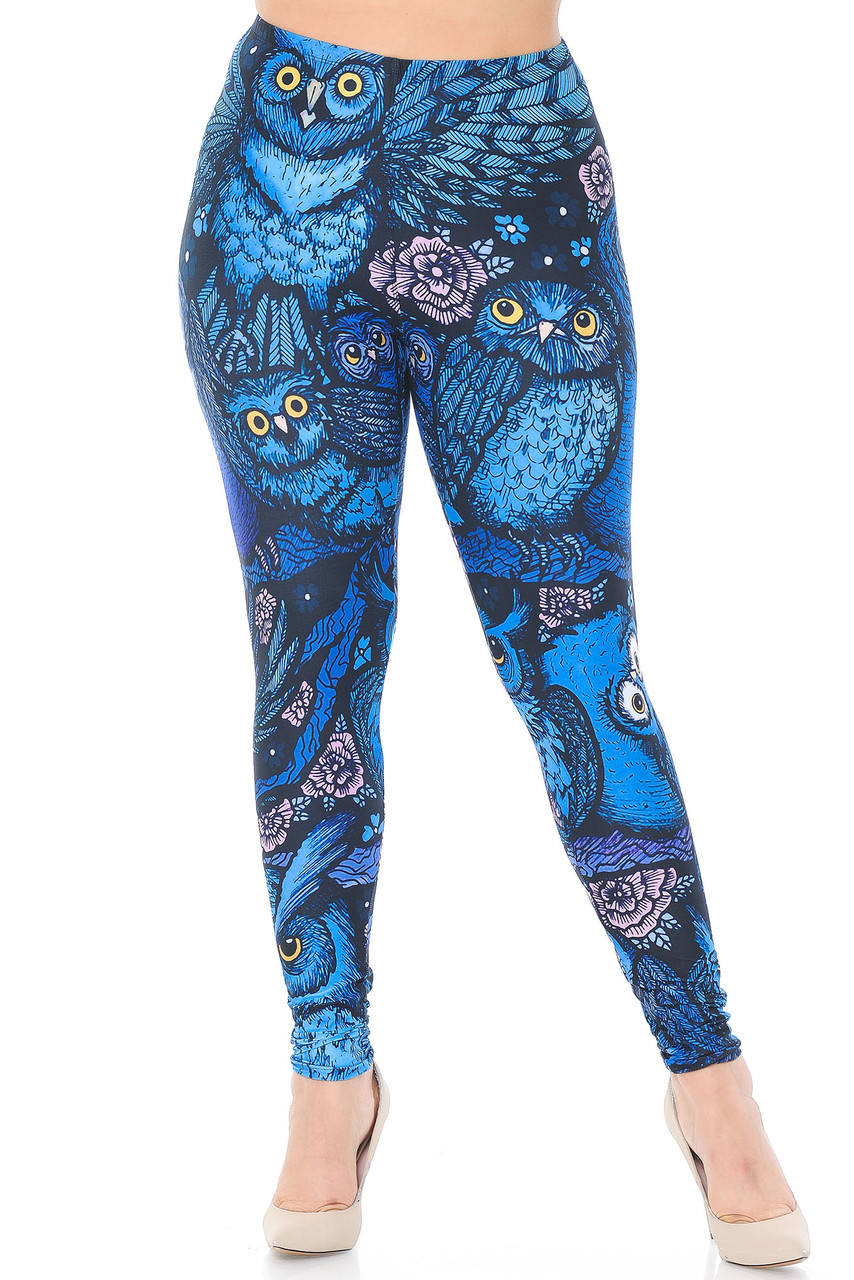 Front view of our mid rise Creamy Soft Blue Owl Collage Extra Plus Size Leggings - 3X-5X - USA Fashion™featuring an elasticized waistband.