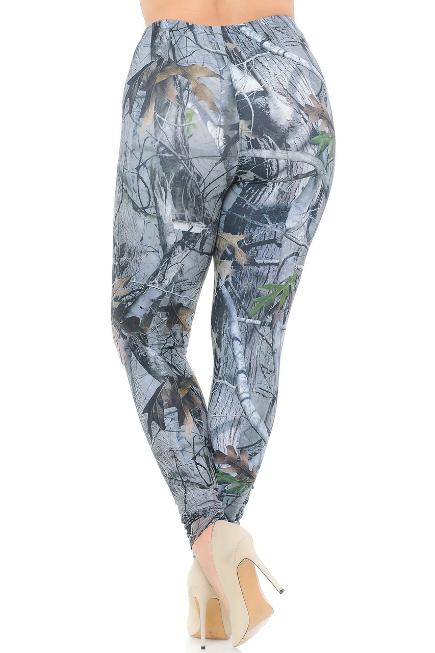 Rear view image of Creamy Soft Camouflage Trees Extra Plus Size Leggings - 3X-5X - USA Fashion™ showing the continued 360 degree design that is colored in neutral tones, and pairs with a top of any color for any season.