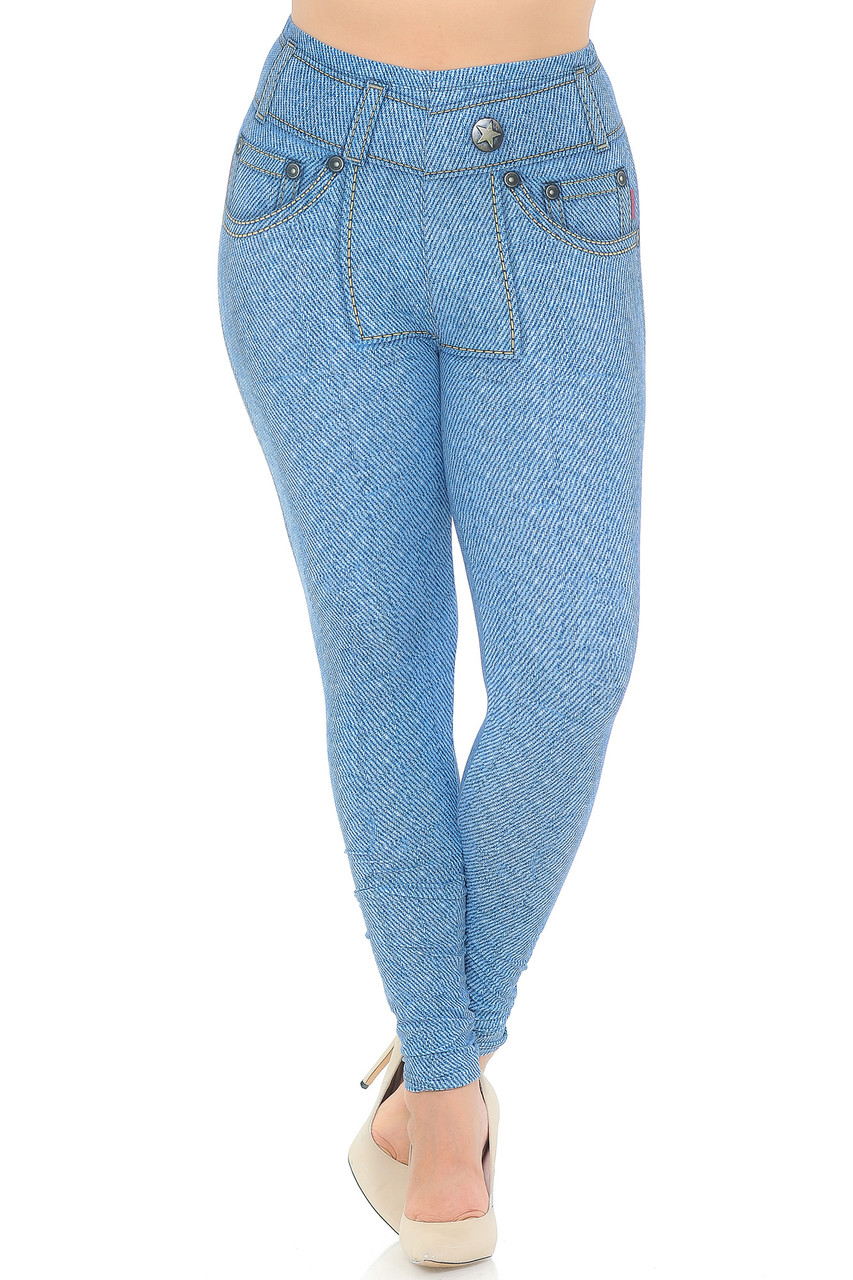 Front view image of our mid rise Creamy Soft Beautiful Blue Jean Plus Size Leggings - USA Fashion™ with an elastic waistband and a skinny leg cut.