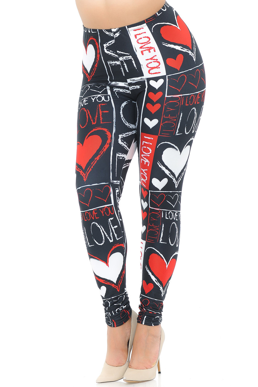 With a sweet and stand out look this is a front view image of our Creamy Soft Heart and Love Extra Plus Size Leggings - USA Fashion™ featuring a red and white on black print that includes hearts and the words "I love you."