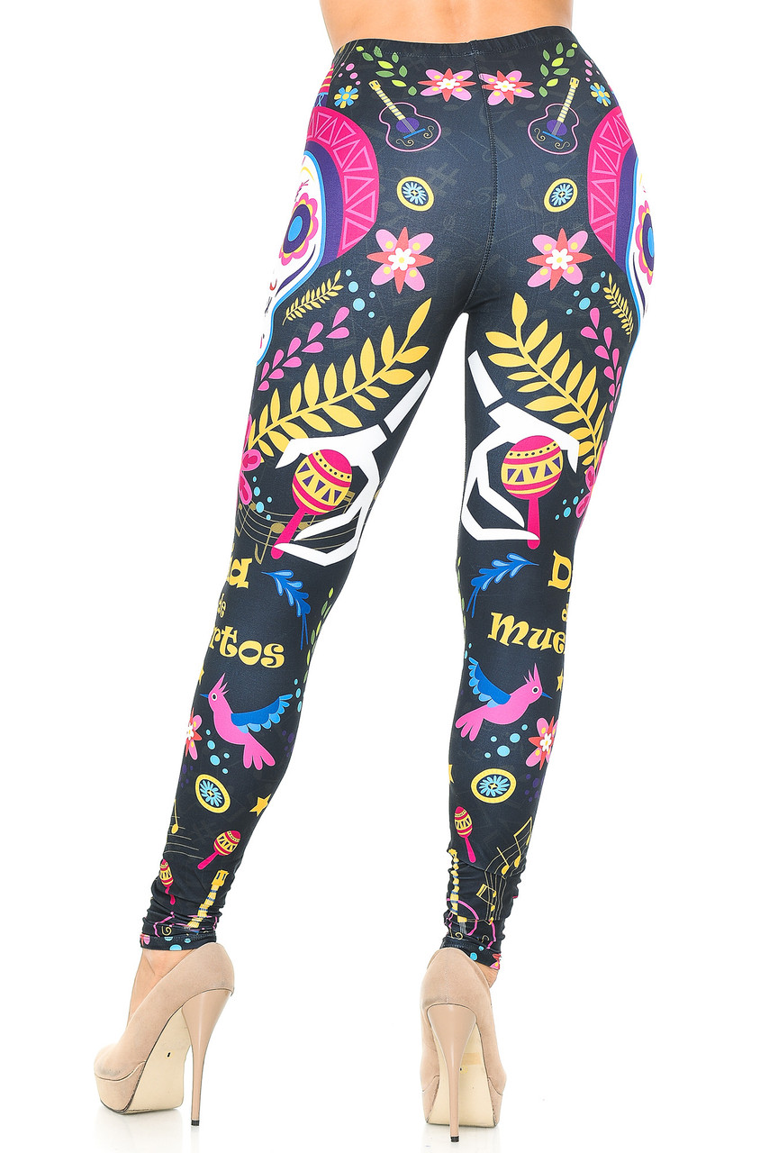 Rear view image of our fun and flattering body-hugging Creamy Soft Day of the Dead Leggings - USA Fashion™
