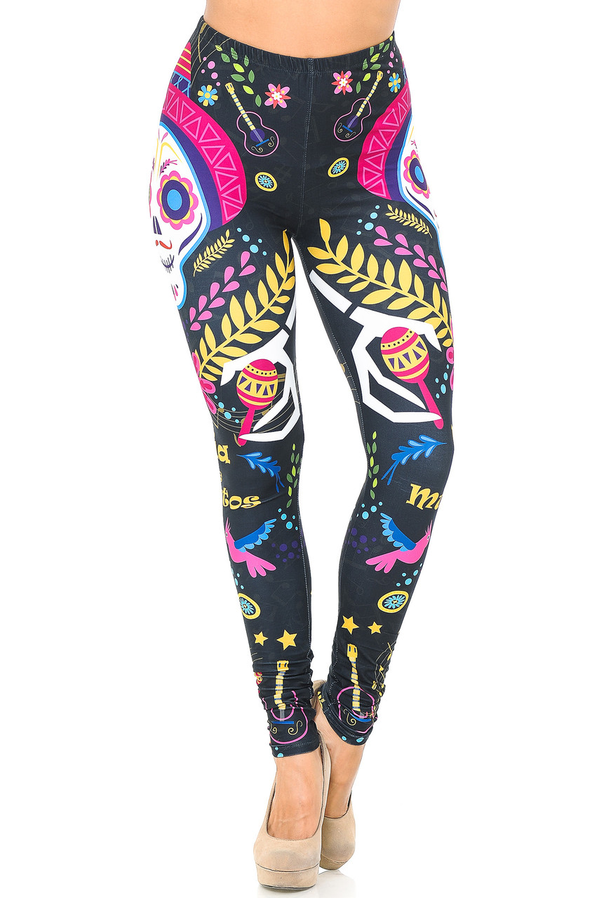 Front view of our mid rise Creamy Soft Day of the Dead Leggings - USA Fashion™ with a mid rise elastic waistband.