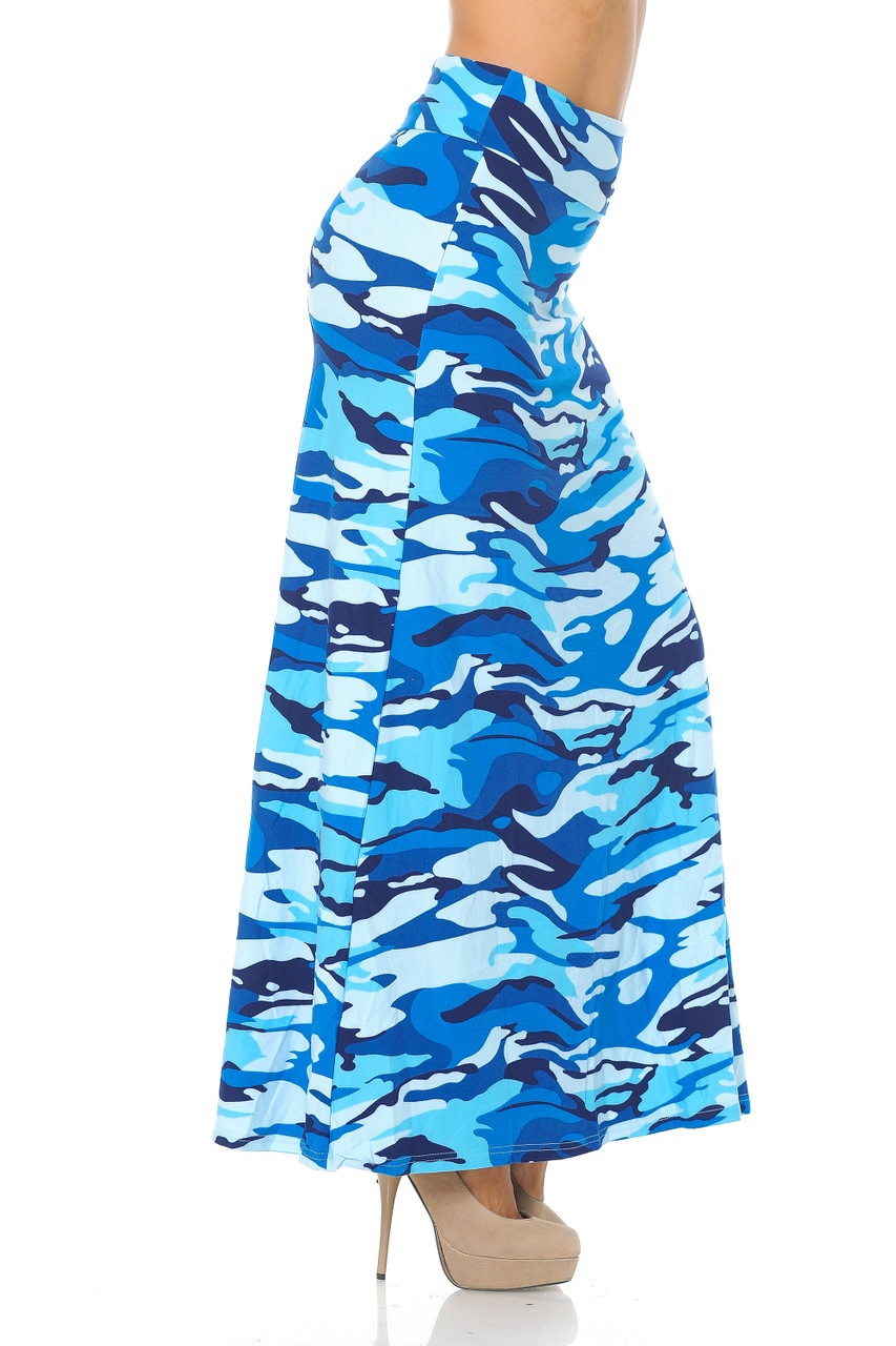 Right side view image of our bold and colorful Buttery Smooth Blue Camouflage Maxi Skirt