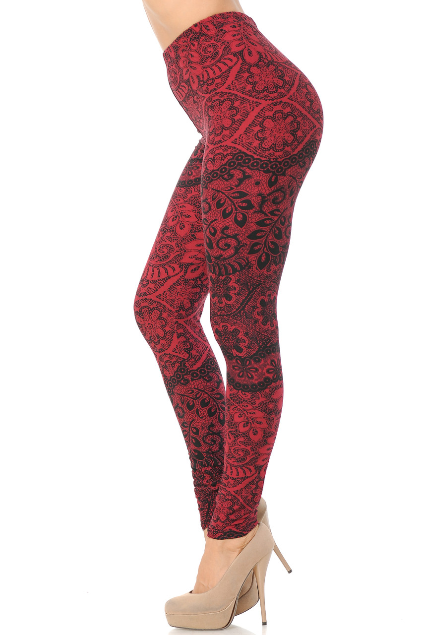 Left side view image of Buttery Soft Rouge Exquisite Leaf Plus Size Leggings