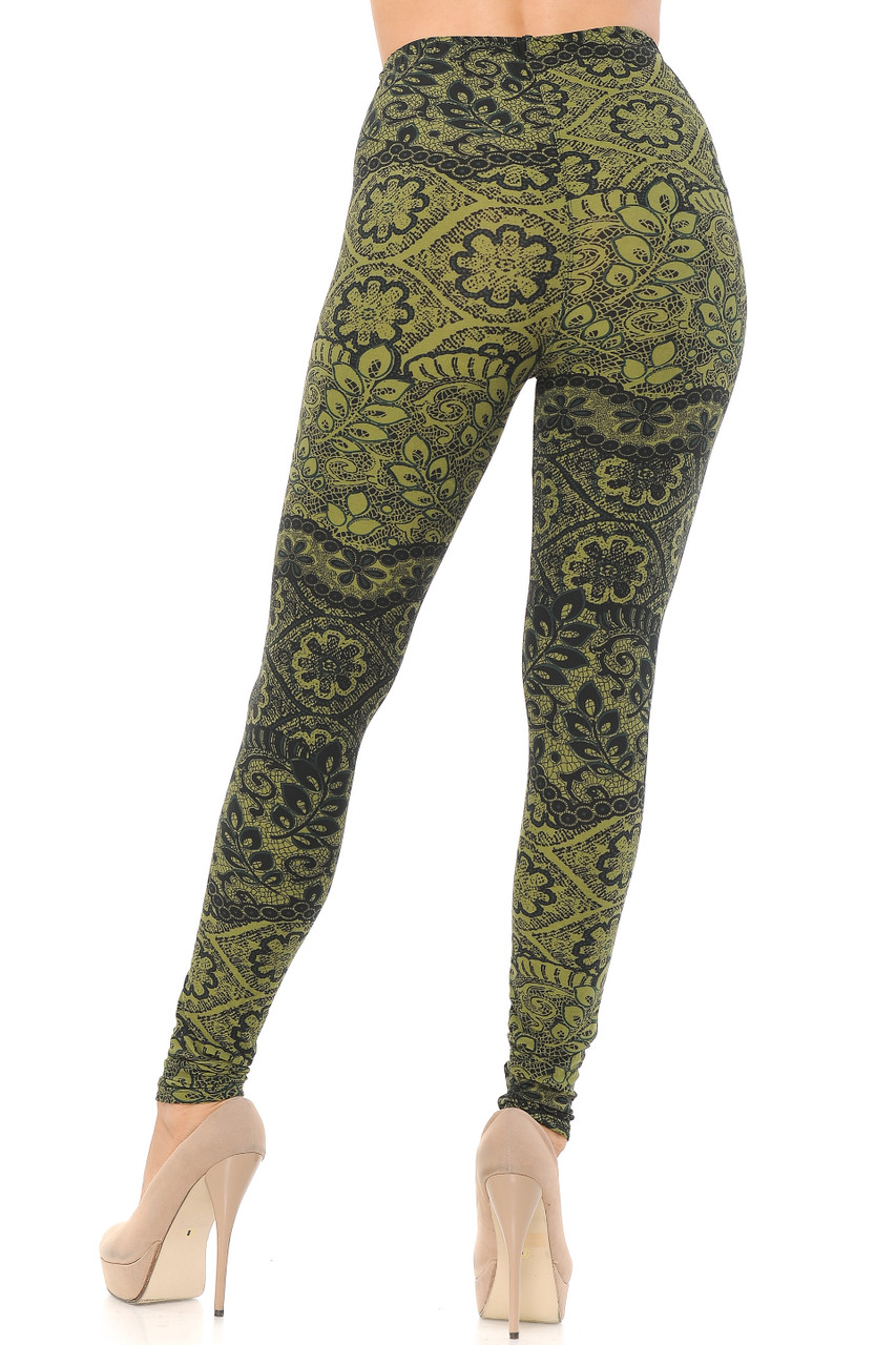 Back view image of our form fitting and figure flattering Buttery Smooth Olive Exquisite Leaf Extra Plus Size Leggings - 3X-5X
