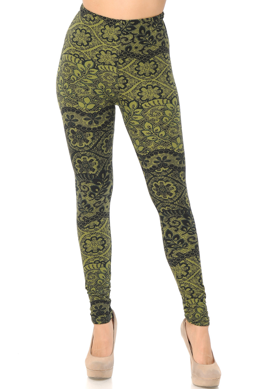 Front view of our full length skinny leg cut Buttery Soft Olive Exquisite Leaf Extra Plus Size Leggings showcasing a gorgeous and classy design.