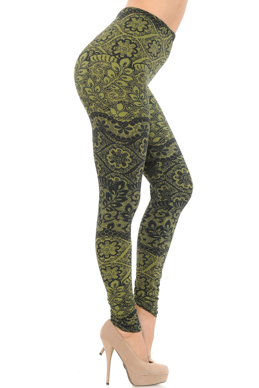 Right side view image of Buttery Smooth Olive Exquisite Leaf Extra Plus Size Leggings - 3X-5X